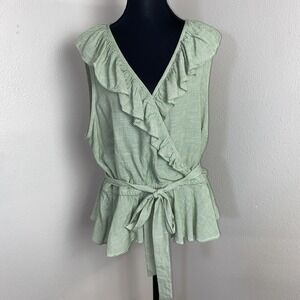 Lauren Conrad Wrap Peplum Top Women's XXL Green Pinstripe Elastic Tie Ruffle‎